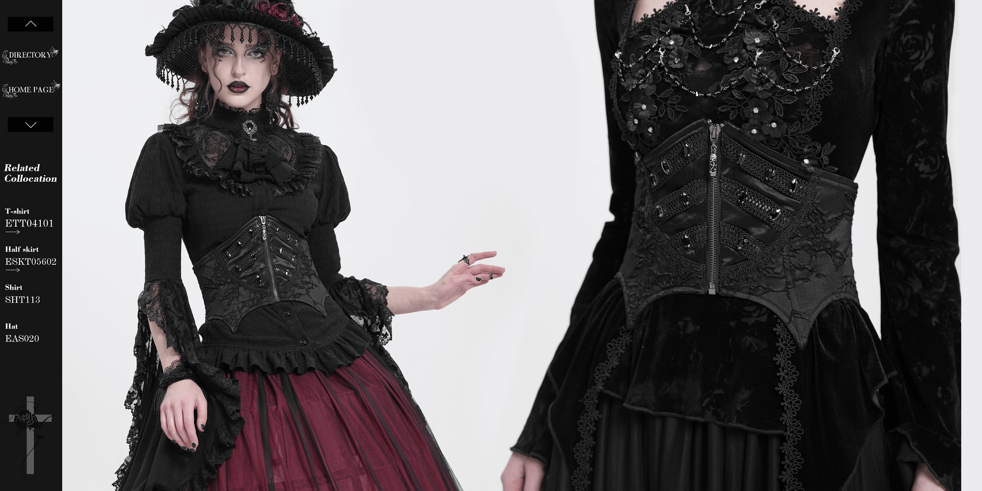 Gothic lace-up corset belt featuring intricate lace and bead details, styled with a dramatic black and red ensemble.