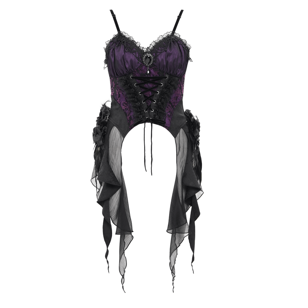 Gothic lace-up corset top in purple and black with floral accents and asymmetrical hem for a daring Victorian look.