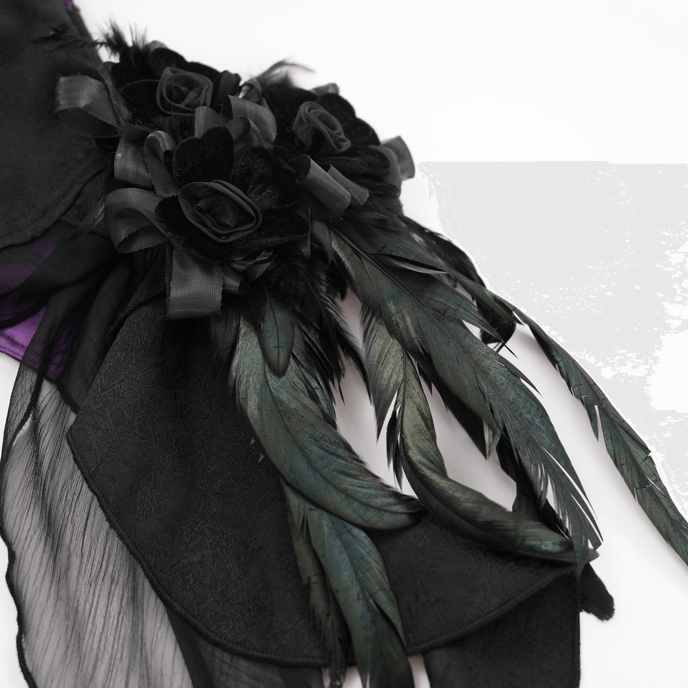 Gothic floral accents with black roses and dramatic feathers on a corset, perfect for Victorian-inspired fashion.