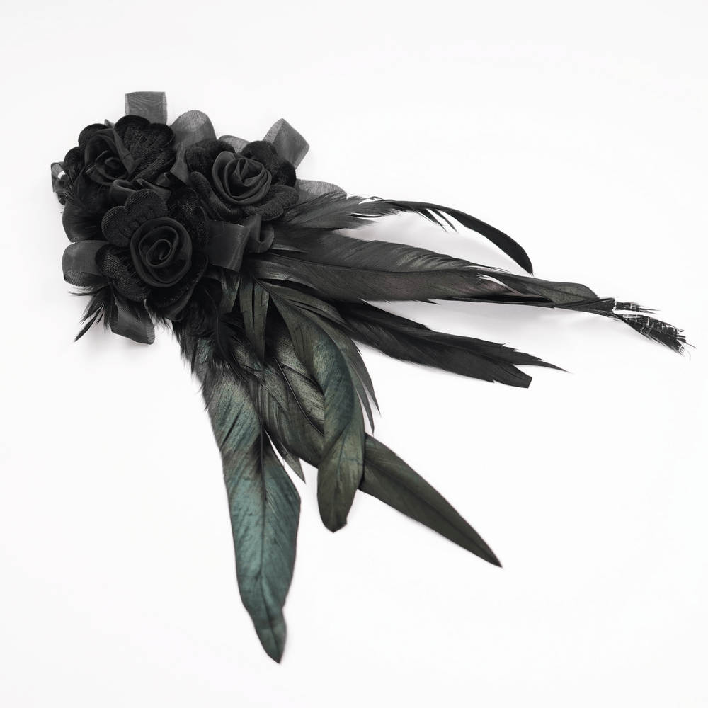 Black feather and rose floral hair accessory, perfect for gothic or Victorian-inspired styles.