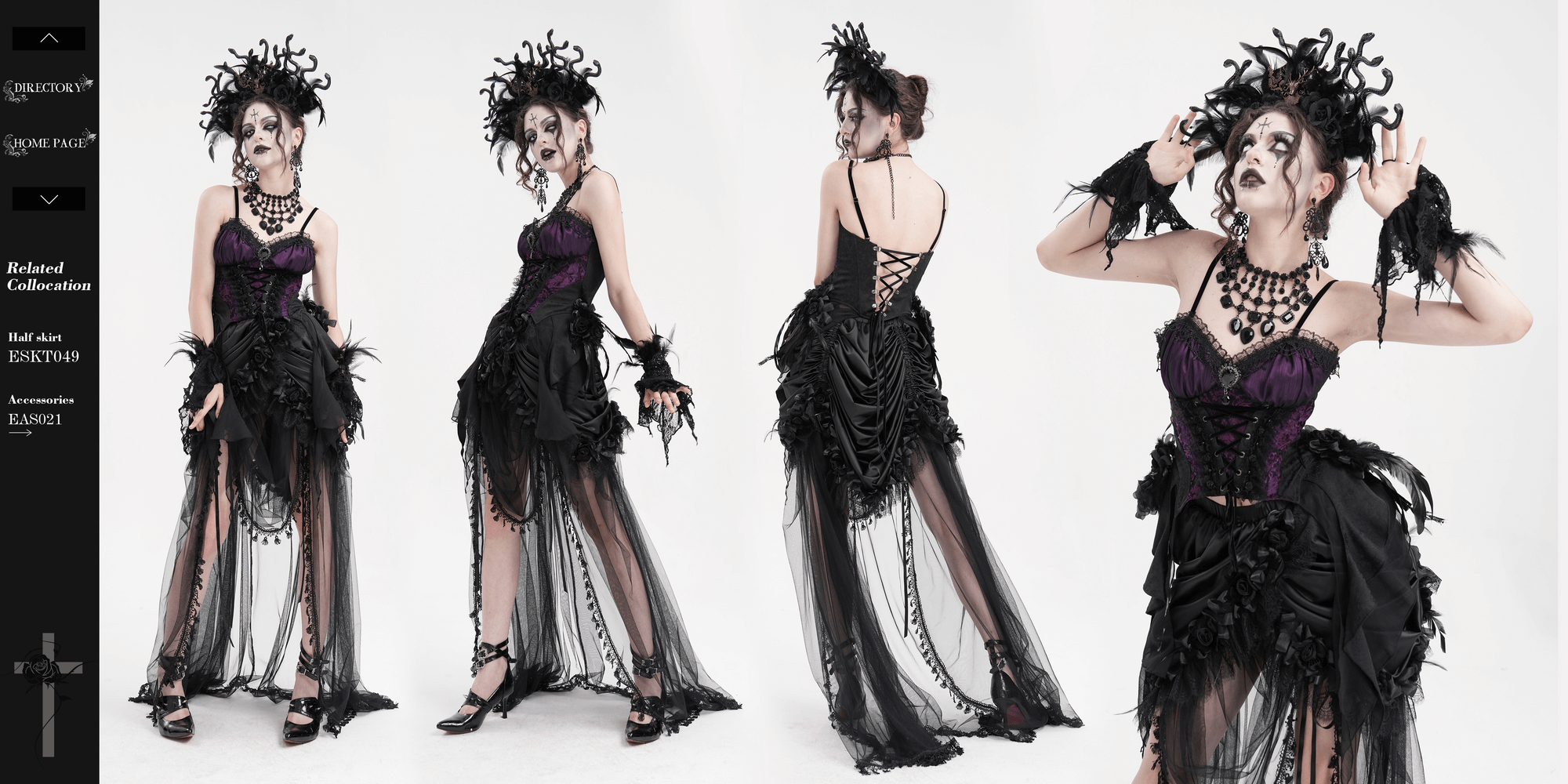 Model showcasing a Gothic lace-up corset top with floral accents, embodying Victorian elegance in purple and black.