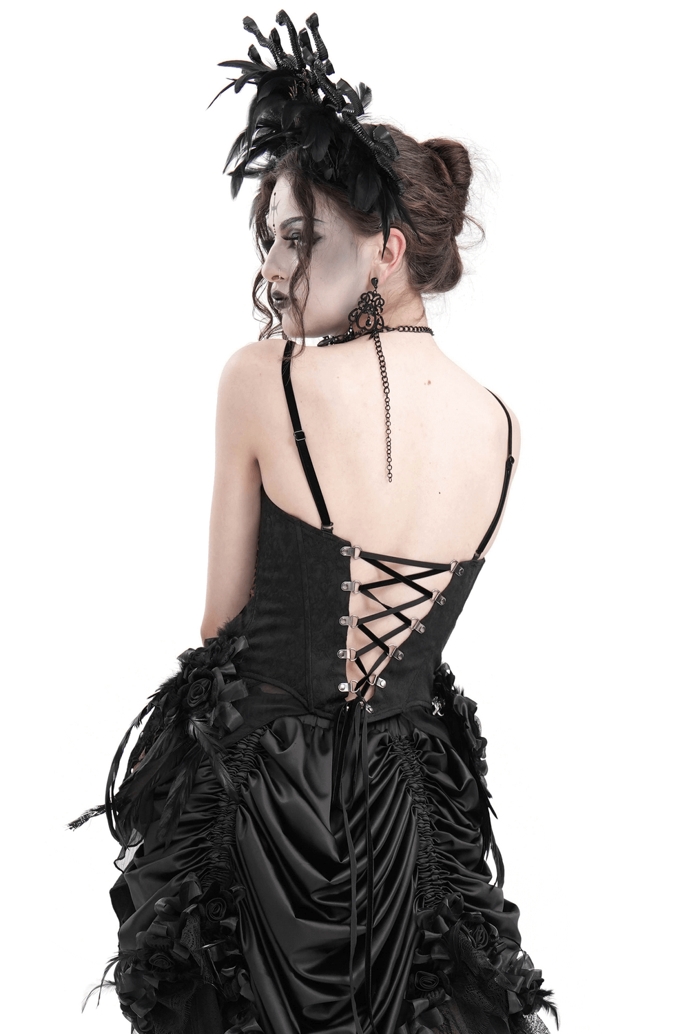 Gothic lace-up corset top with intricate back detailing and elegant black accents, perfect for a Victorian-inspired look.