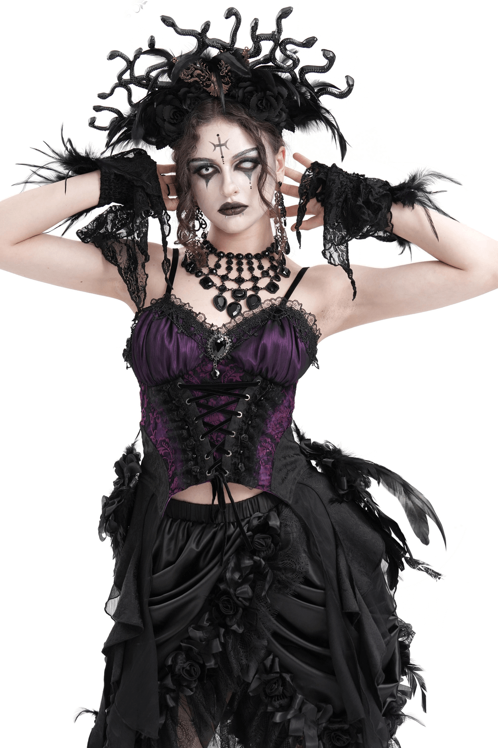 Gothic lace-up corset top in purple and black, adorned with intricate lace and floral details, perfect for a daring Victorian look.