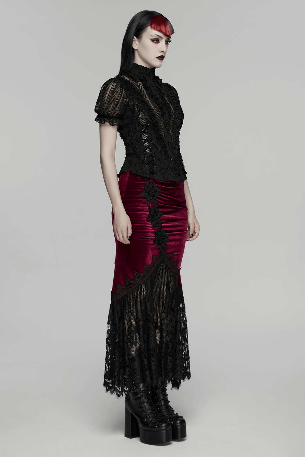 Gothic Lace-Up Decadent Shirt with Bubble Sleeves, featuring black lace and dramatic bubble sleeves.