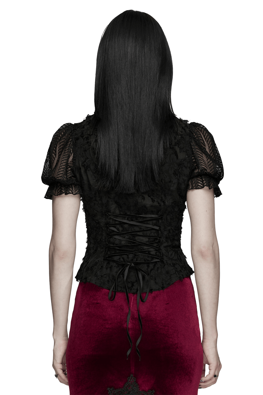Gothic Lace-Up Decadent Shirt with Bubble Sleeves showcasing the back design and lace-up detail.