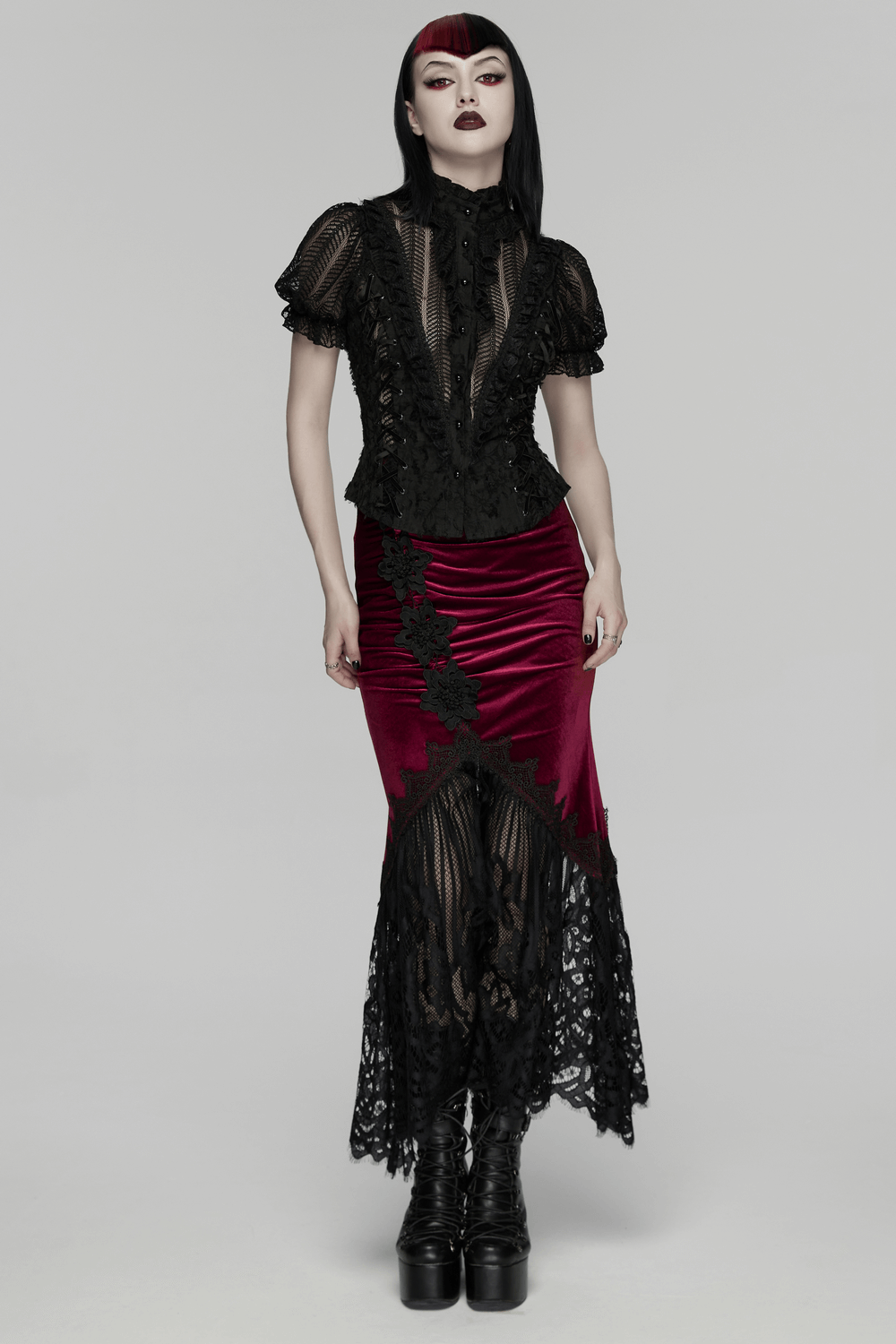 Gothic Lace-Up Decadent Shirt with Bubble Sleeves paired with a dramatic velvet skirt.