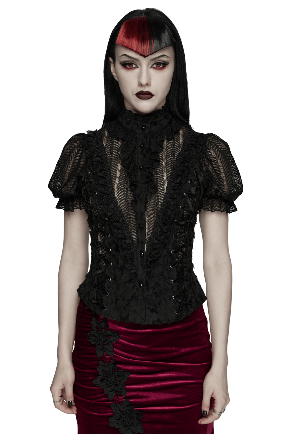 Gothic Lace-Up Decadent Shirt with Bubble Sleeves worn by model, showcasing dramatic bubble sleeves and lace details.