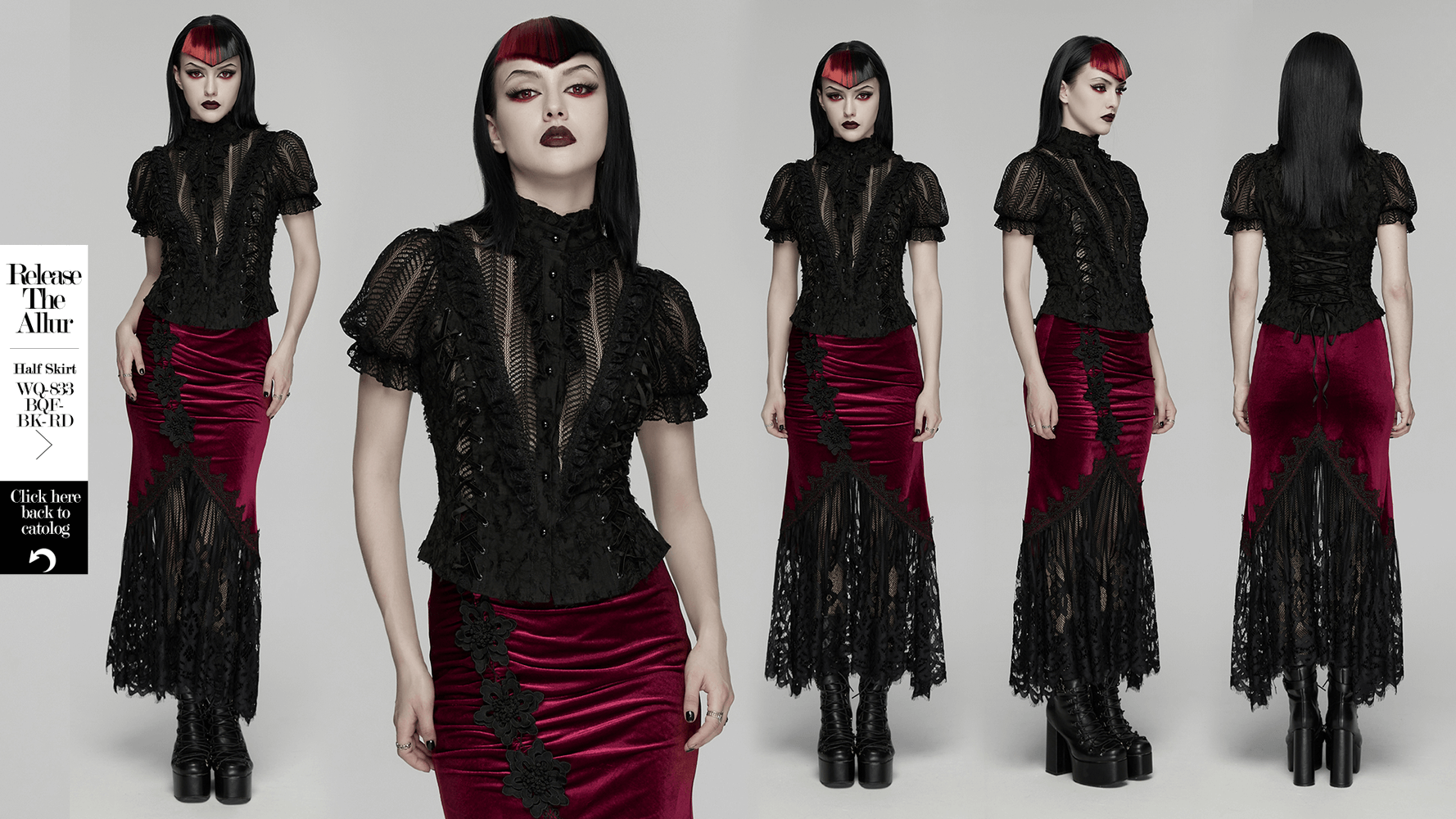 Gothic Lace-Up Decadent Shirt with Bubble Sleeves worn with a long red velvet skirt, showcasing dramatic details and dark elegance.