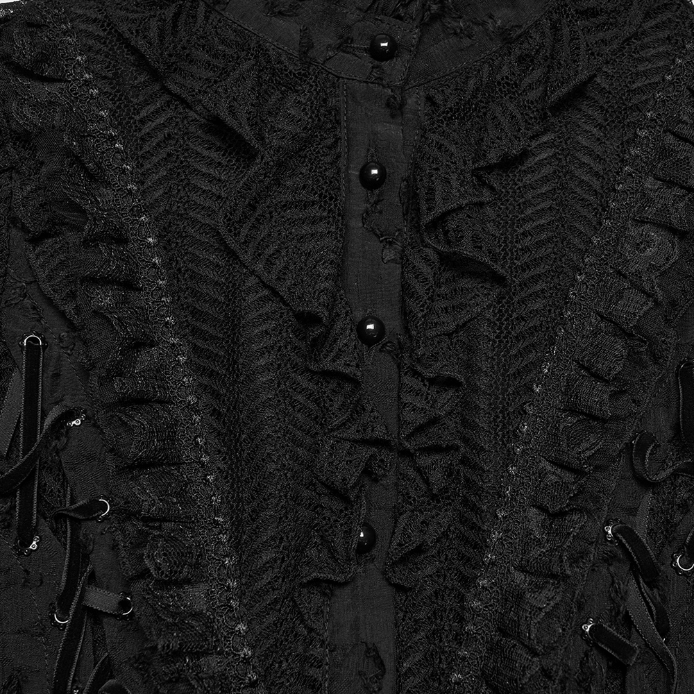 Gothic Lace-Up Decadent Shirt with Bubble Sleeves featuring layered ruffles and eyelet details in black fabric.