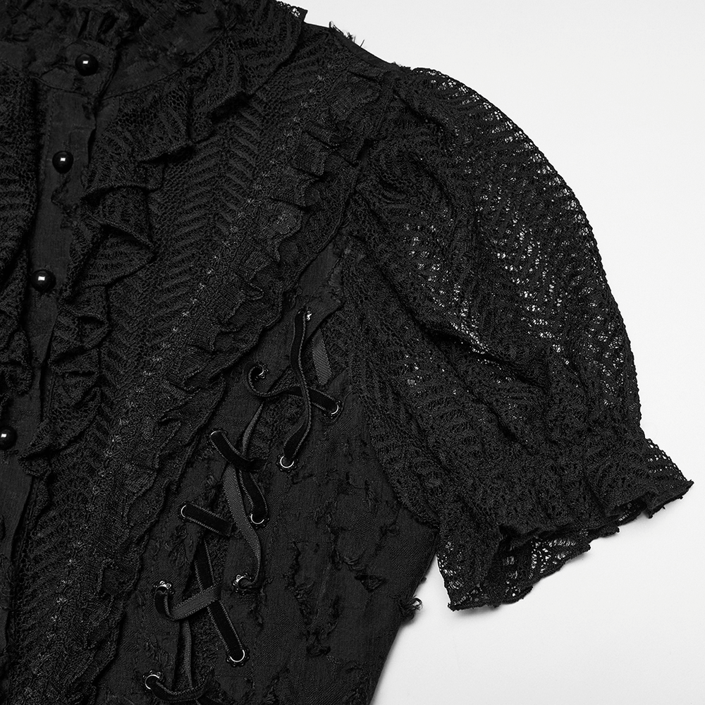 Gothic Lace-Up Decadent Shirt with Bubble Sleeves featuring lace and ruffled details.