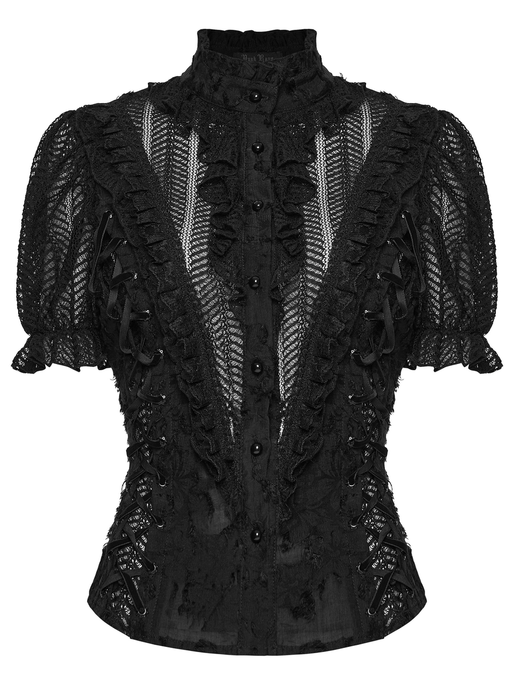 Gothic Lace-Up Decadent Shirt with Bubble Sleeves featuring lace and eyelets for a striking dark look.