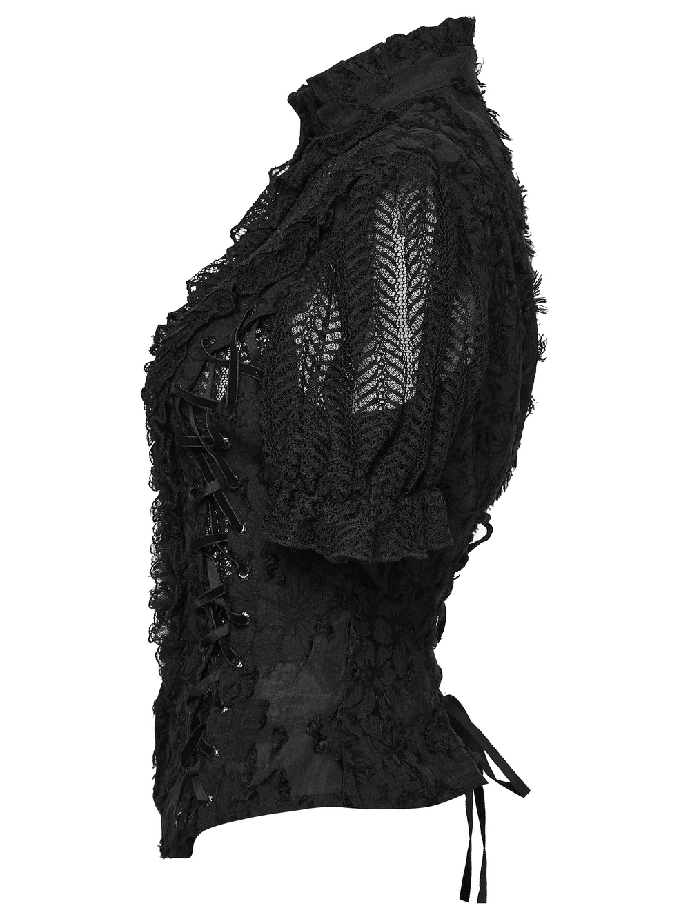 Gothic Lace-Up Decadent Shirt with Bubble Sleeves showcasing dramatic lace and eyelet details in black.