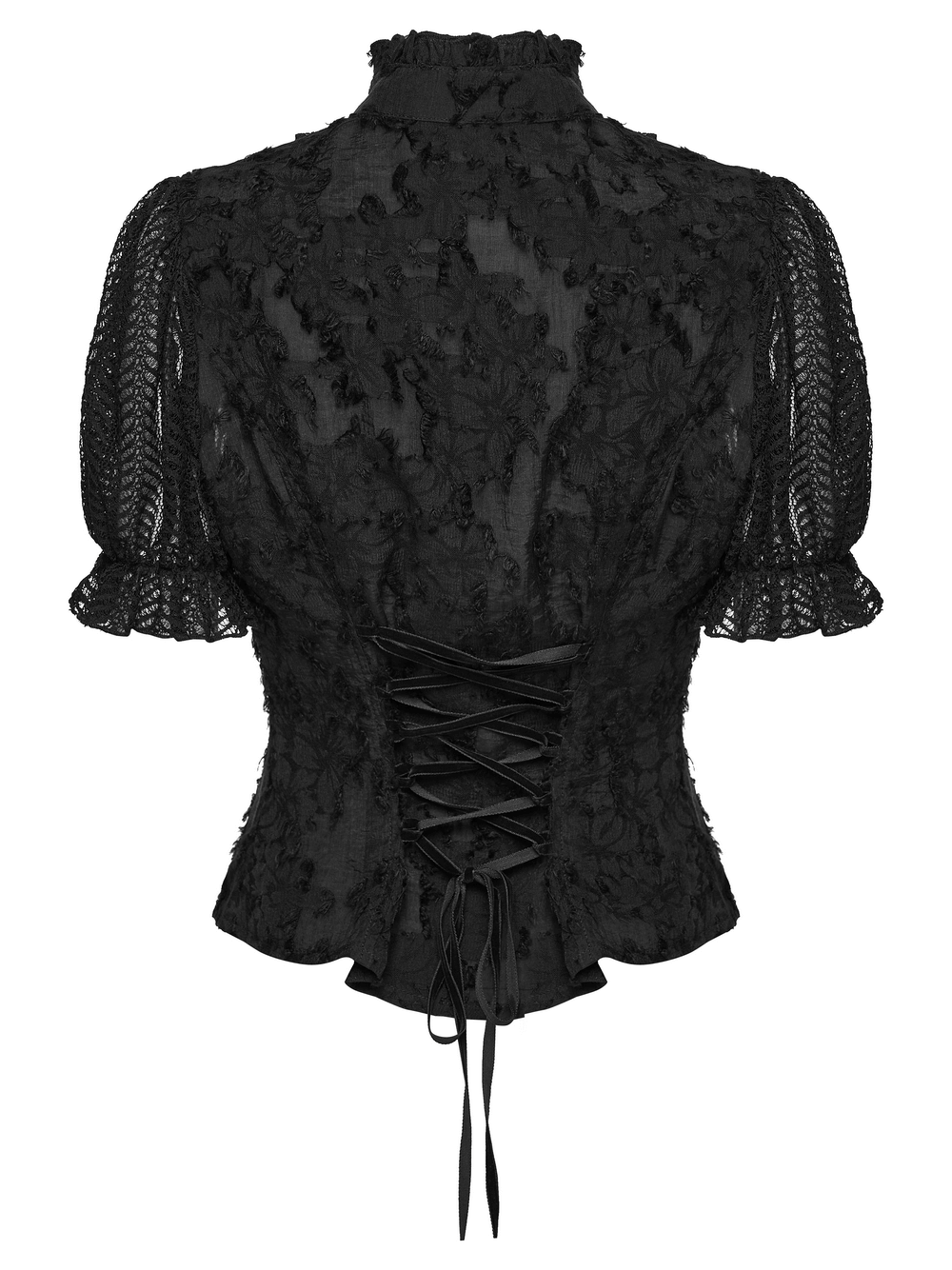 Gothic Lace-Up Decadent Shirt with Bubble Sleeves showcasing intricate lace and eyelet design from the back view.