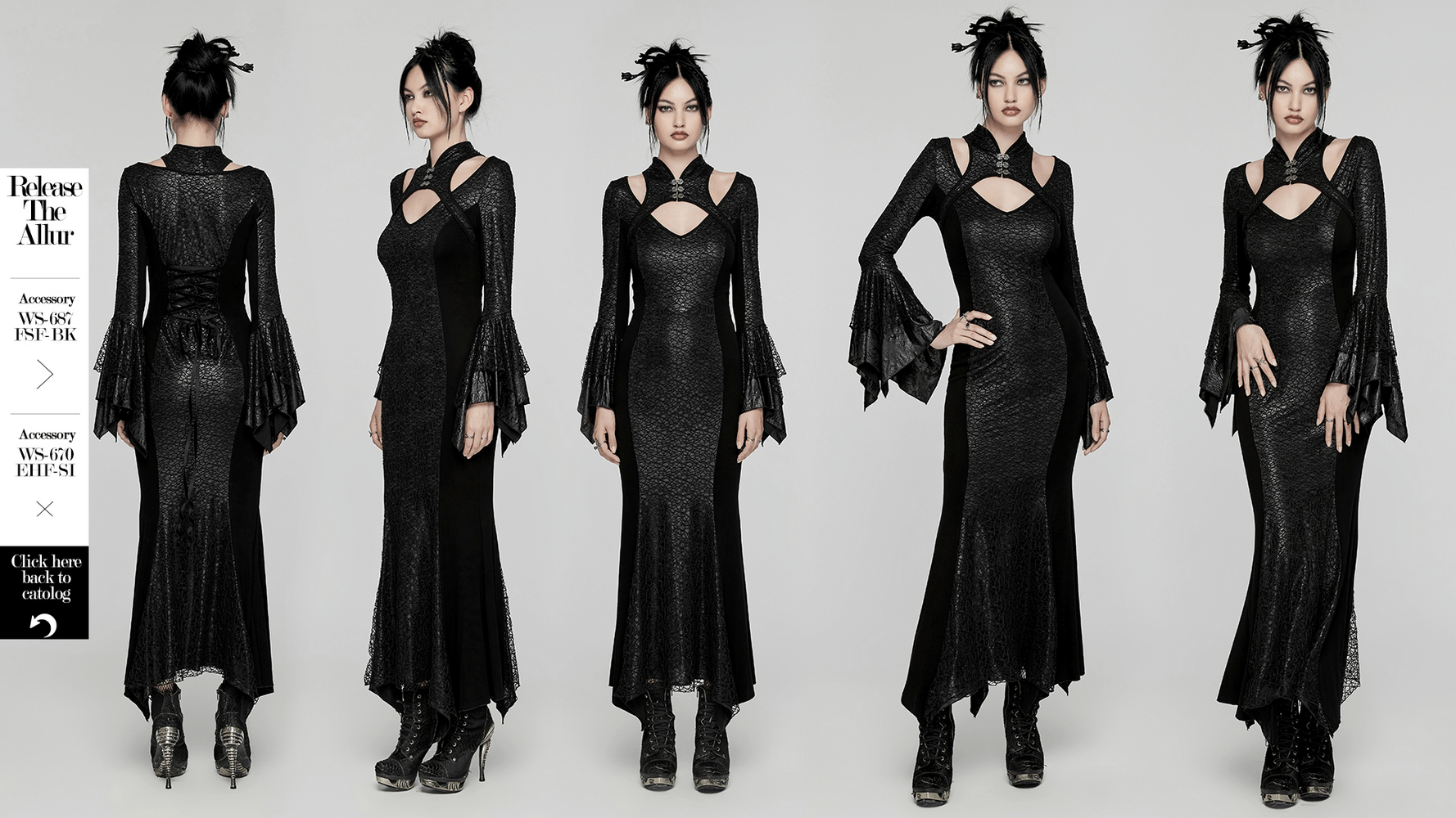 Gothic lace-up dress with bell sleeves, high collar, and striking V-neck design, perfect for elegant occasions.