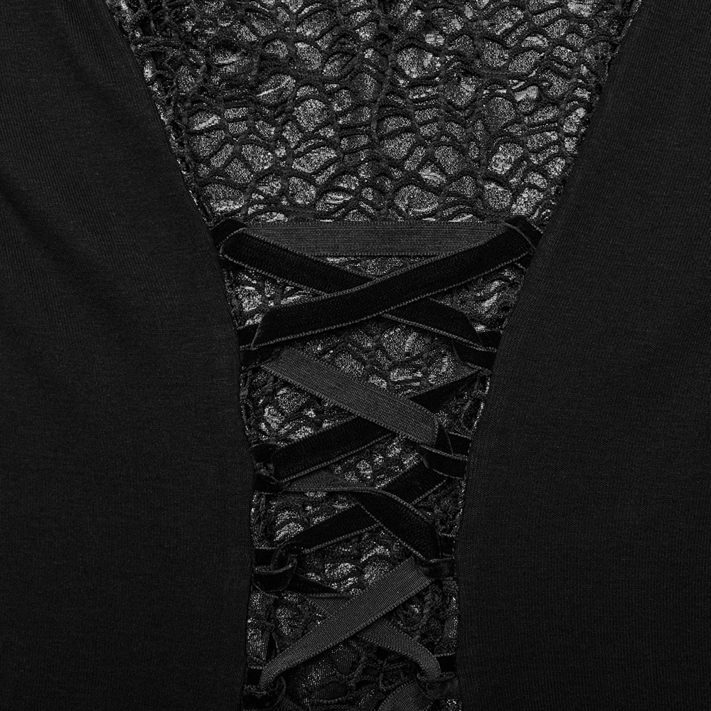 Close-up of gothic lace-up detail on black dress showcasing intricate lace and elastic ribbons for a striking look.
