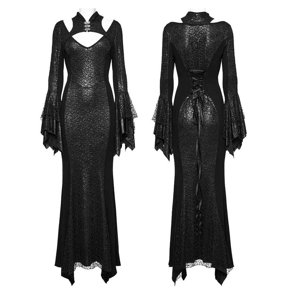 Elegant gothic lace-up dress with bell sleeves and high collar, featuring lace details and a stylish fit.