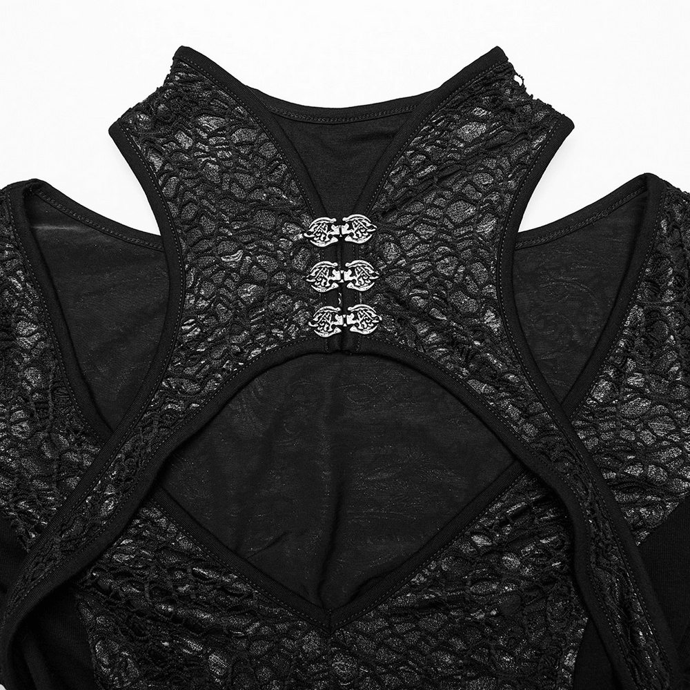 Back view of Gothic Lace-Up Dress showcasing intricate lace details and elegant button accents.