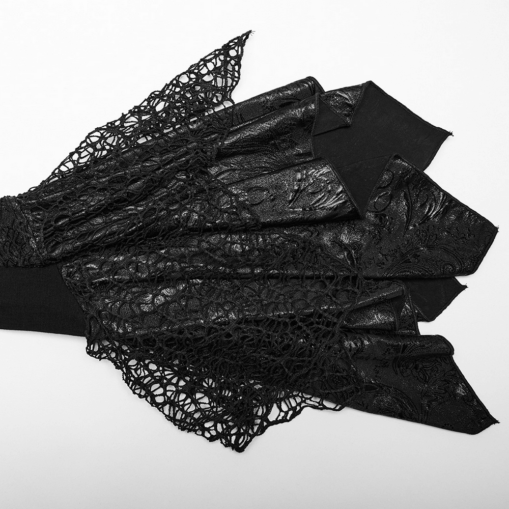Elegant gothic lace details on black bell sleeves, enhancing the dramatic style of a lace-up dress.