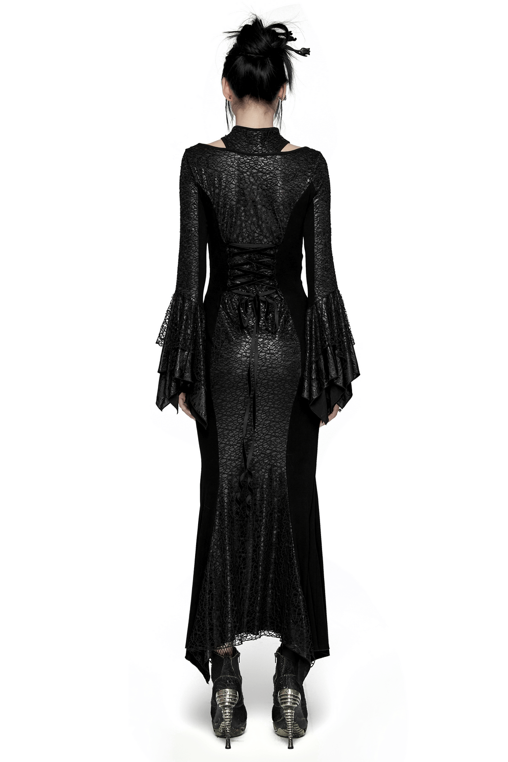 Elegant back view of Gothic lace-up dress with bell sleeves and high collar, showcasing lace details and adjustable drawstring.