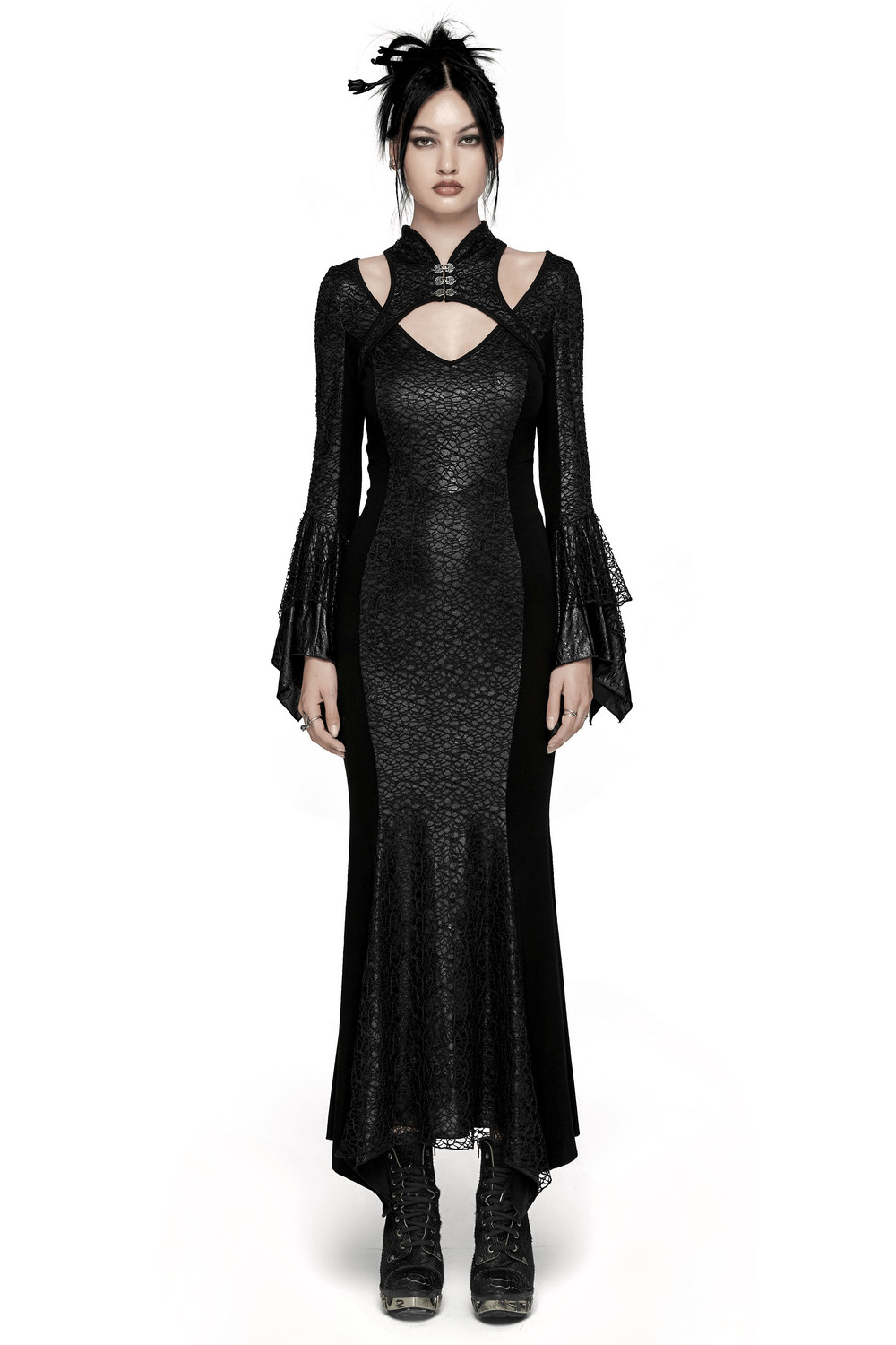 Gothic lace-up dress with bell sleeves, high collar, and mesh details perfect for a striking look.