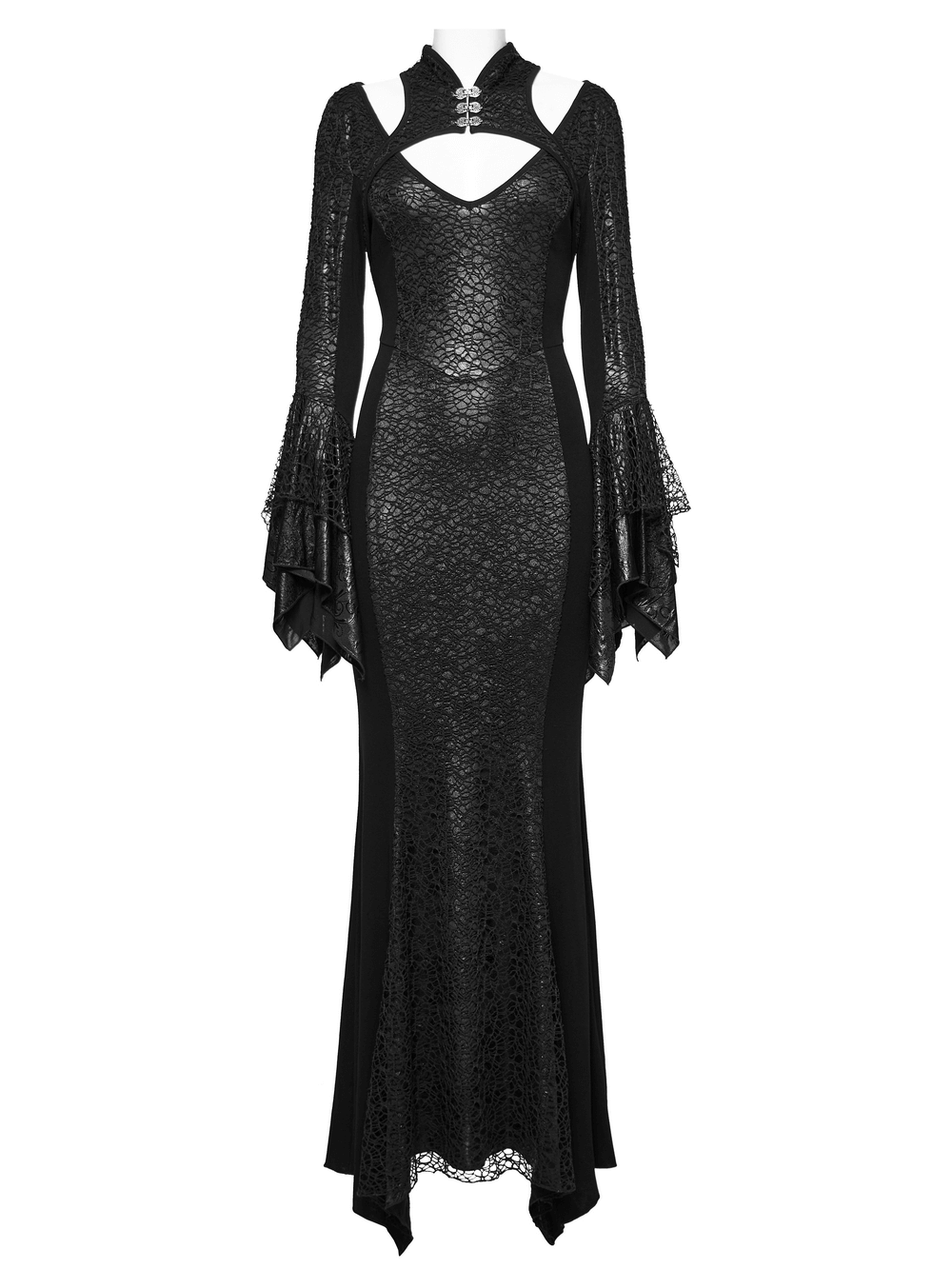 Elegant gothic lace-up dress with bell sleeves, high collar, and alluring black lace details.