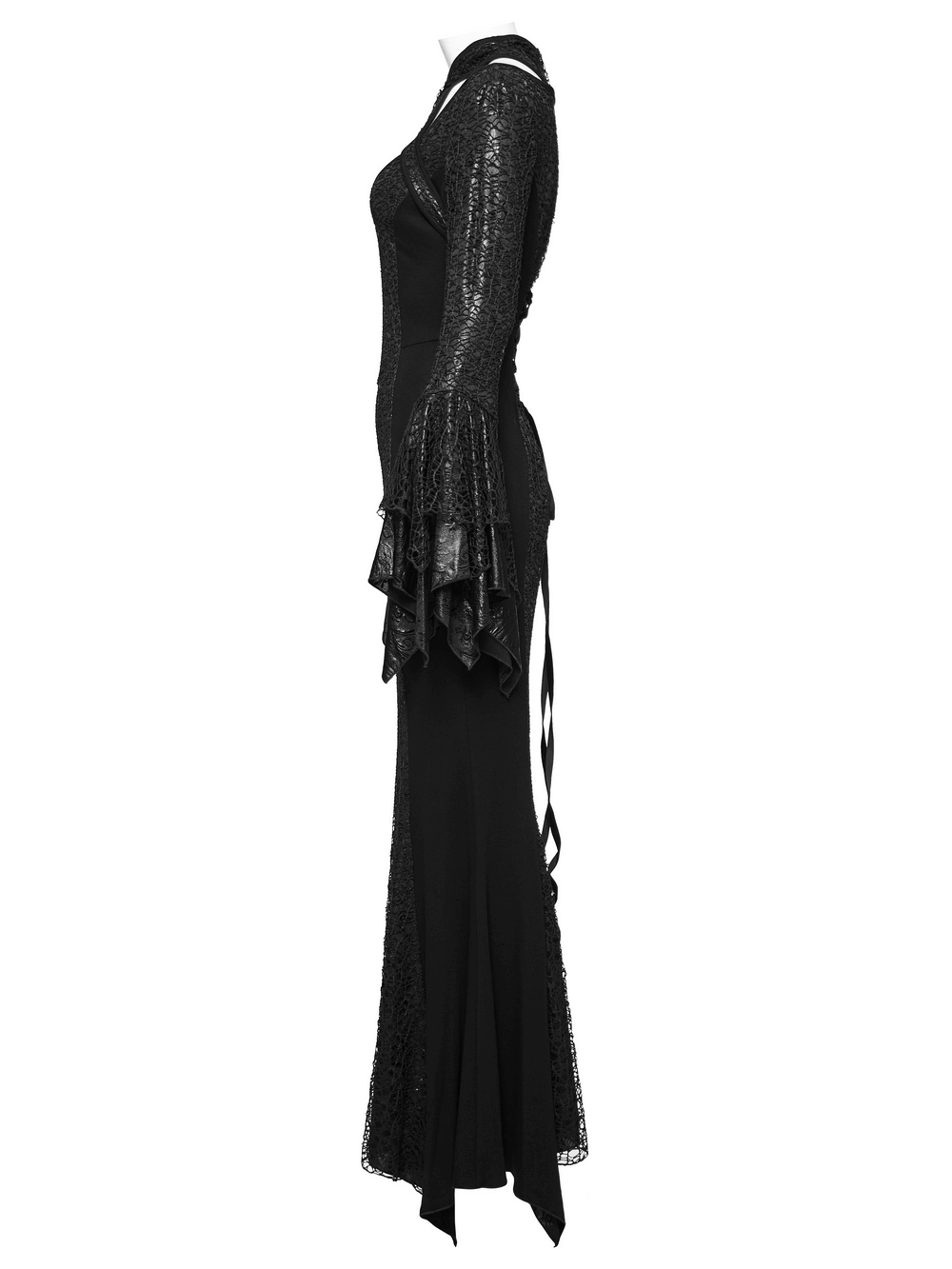 Elegant gothic lace-up dress with bell sleeves and high collar, showcasing a sleek side view in black.