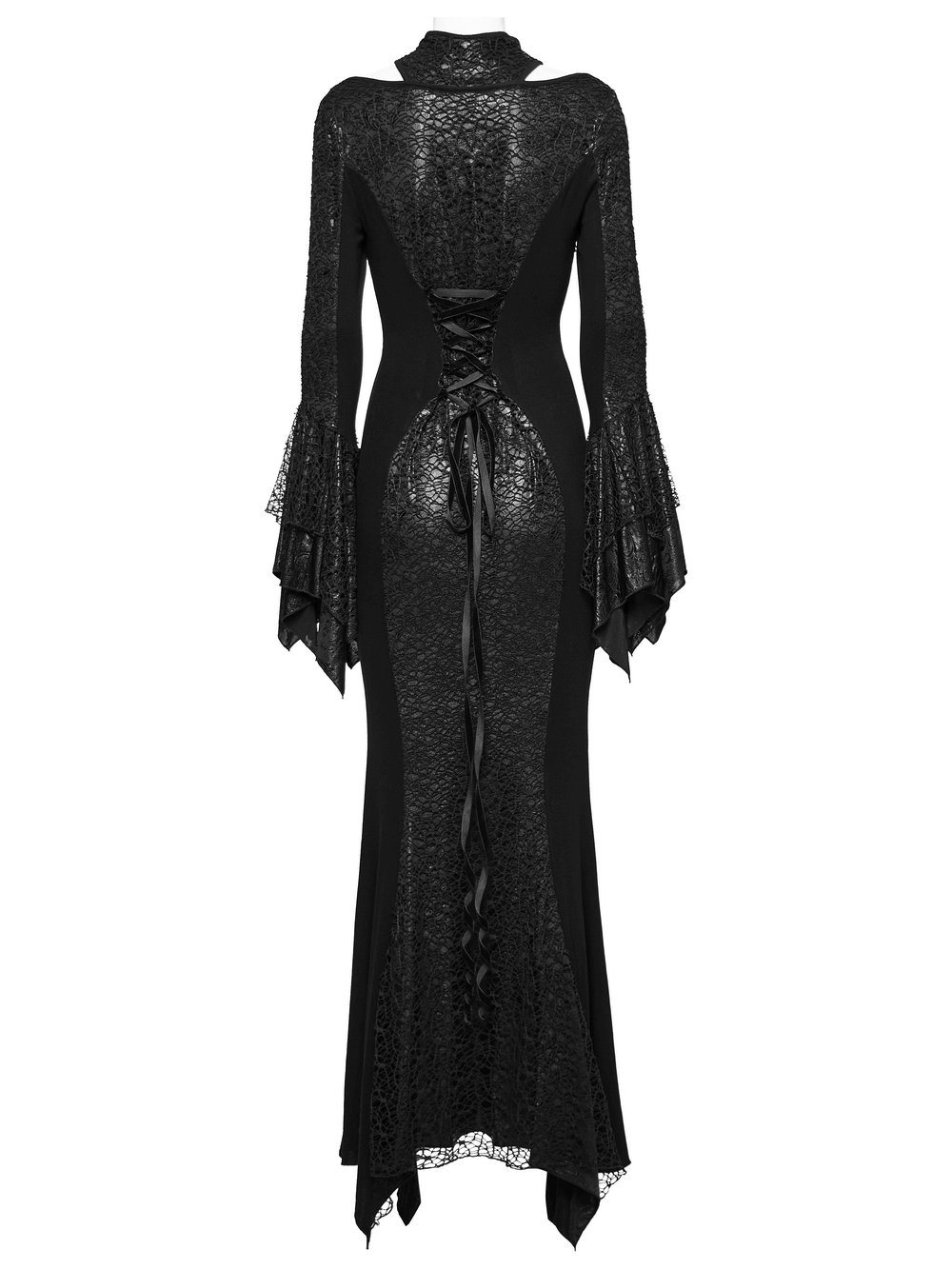 Elegant black Gothic lace-up dress with bell sleeves, high collar, and striking mesh details for a unique style.