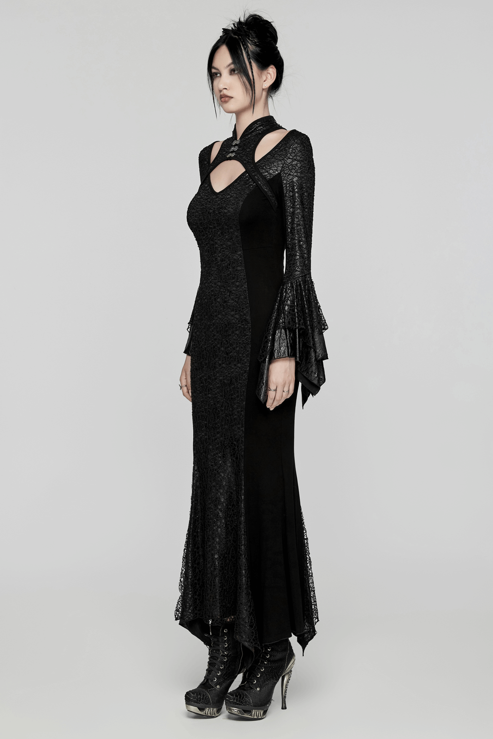 Elegant black gothic lace-up dress with bell sleeves, high collar, and cut-out details, perfect for a striking look.