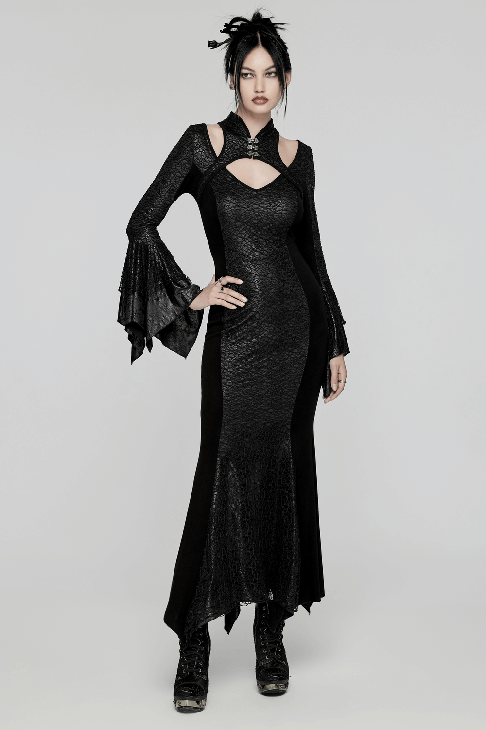 Elegant gothic lace-up dress with bell sleeves, high collar, and unique cutouts for a striking look.