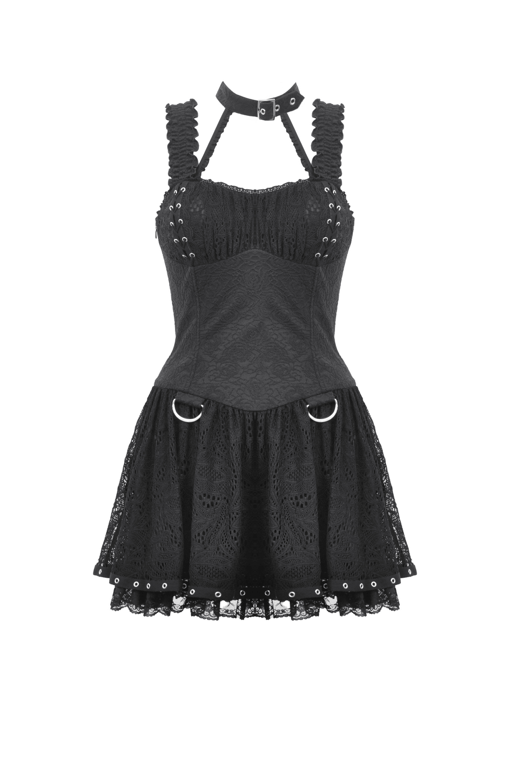 Gothic Lace-Up Dress with Metal Rings and Halter Neck