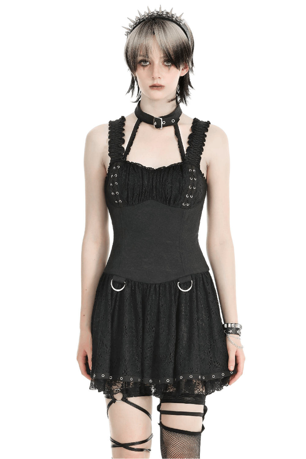 Gothic Lace-Up Dress with Metal Rings and Halter Neck