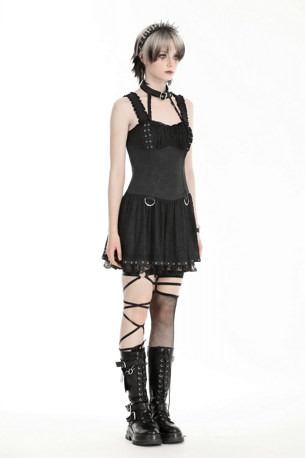 Gothic Lace-Up Dress with Metal Rings and Halter Neck