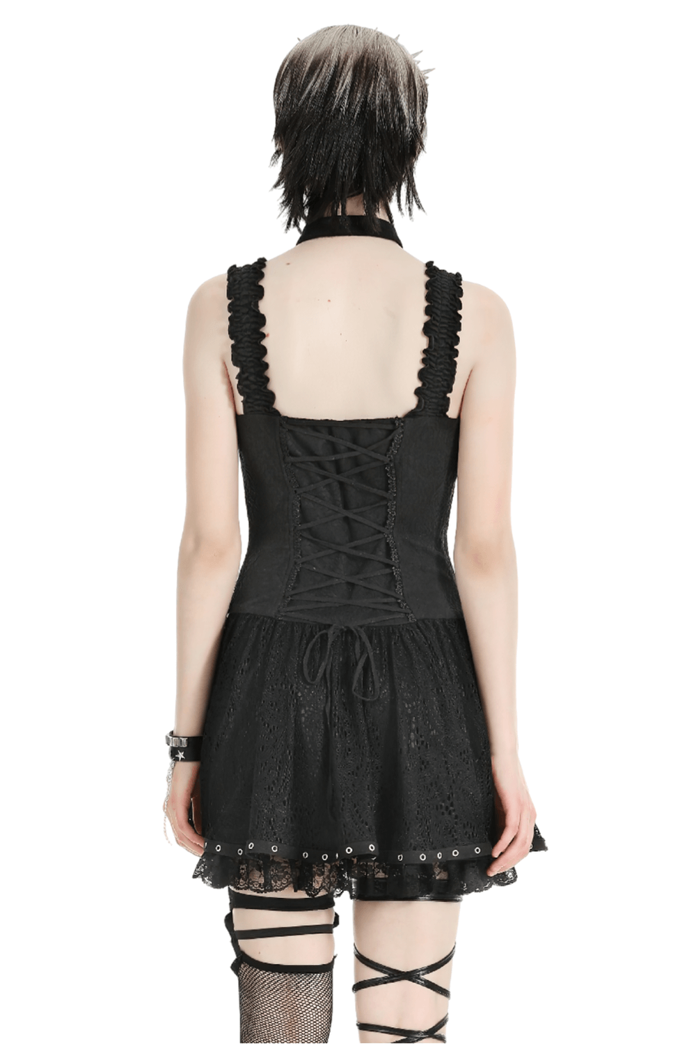 Gothic Lace-Up Dress with Metal Rings and Halter Neck