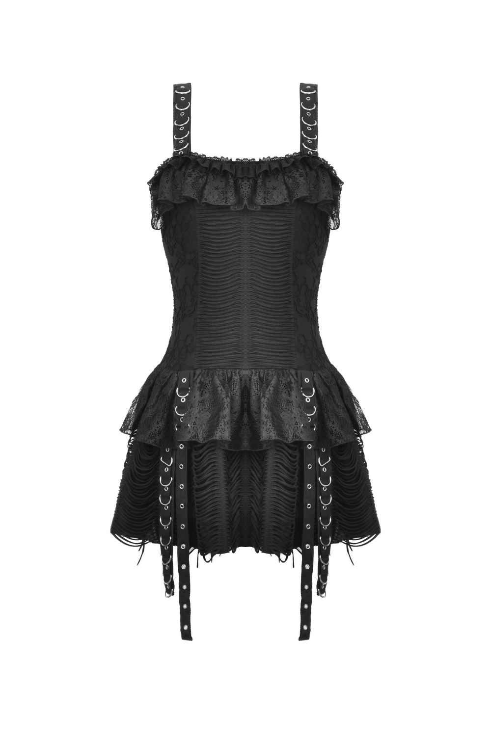 Gothic lace-up mini dress with ruffle neckline and eyelet details, perfect for alternative fashion lovers.