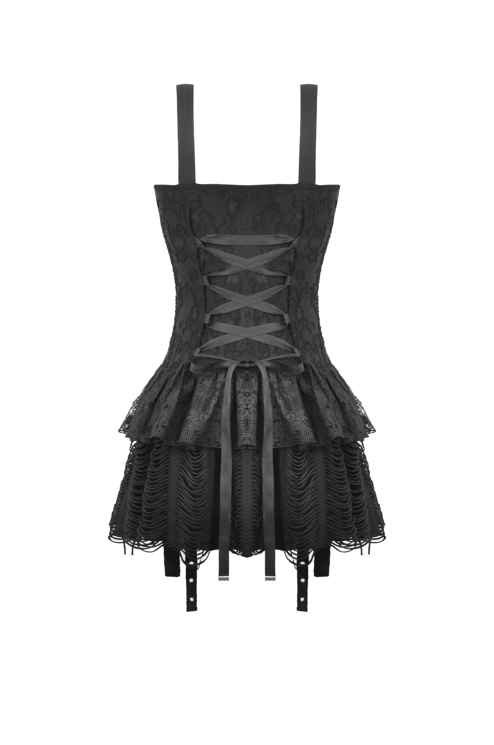 Gothic lace-up mini dress with ruffled skirt and eyelet details, perfect for alternative fashion lovers.