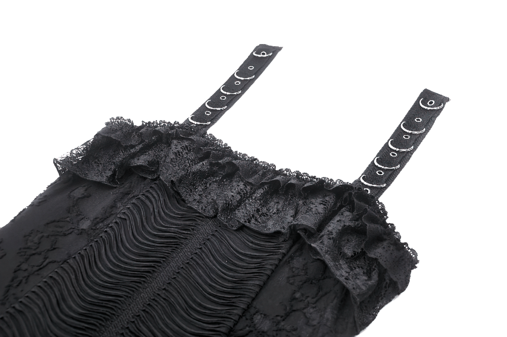 Gothic lace-up mini dress with ruffled neckline and eyelet details in black, showcasing intricate lace accents.