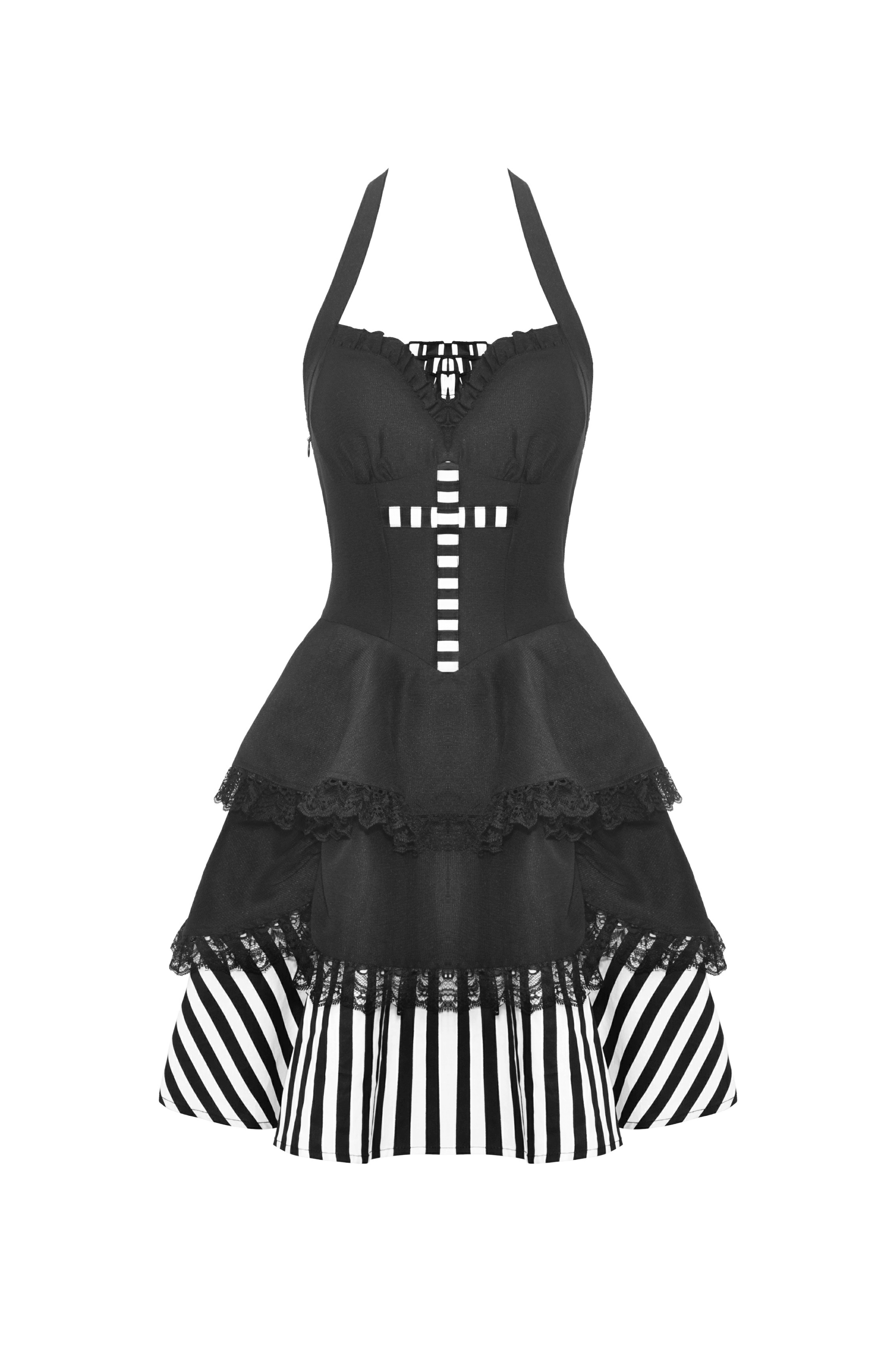 Gothic Lace-Up Dress with Striped Skirt and Ruffles