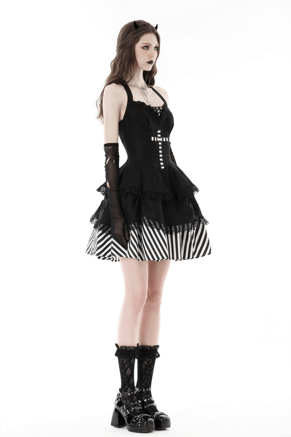Gothic Lace-Up Dress with Striped Skirt and Ruffles