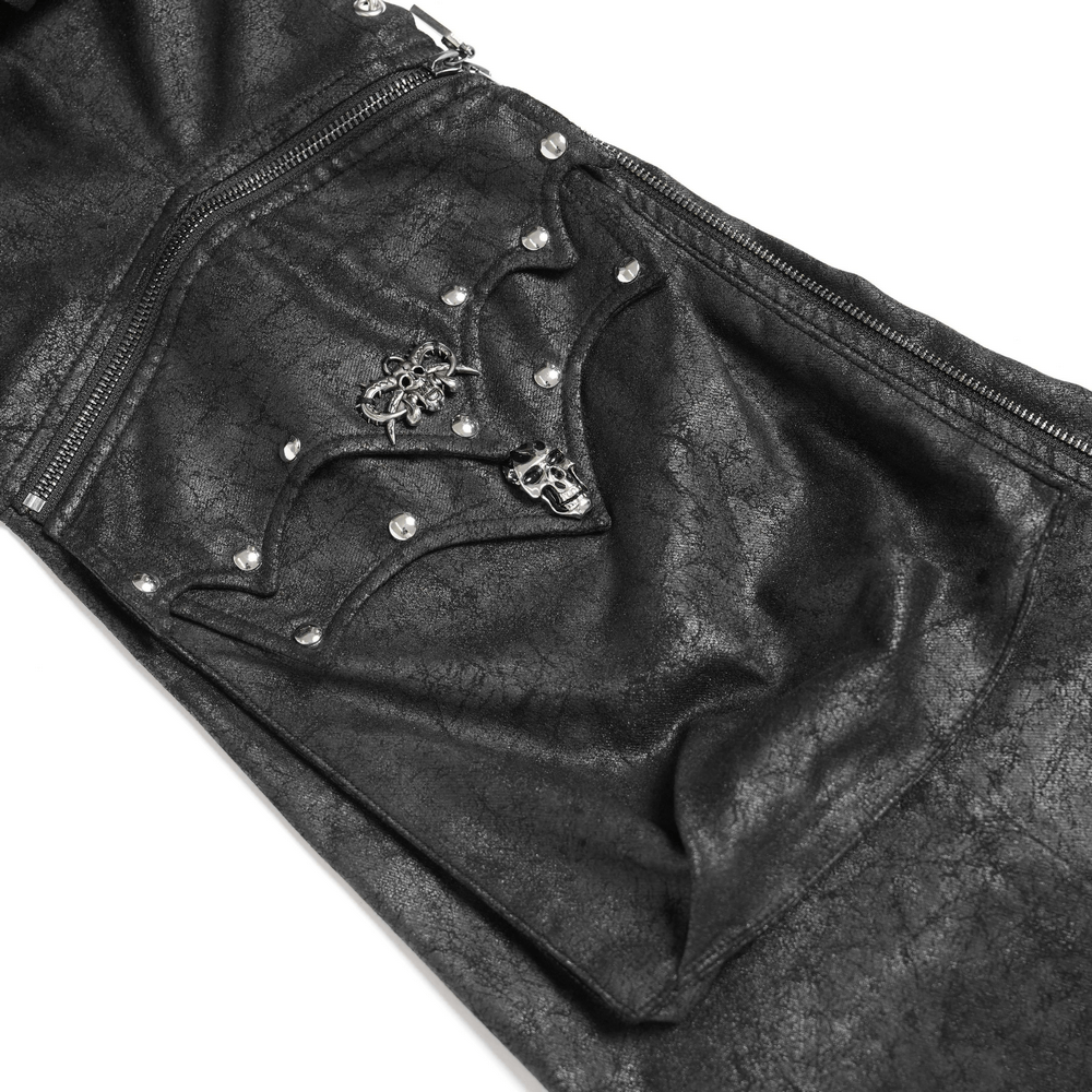Gothic Lace Up Flared Pants with Metal Eyelet Details featuring dramatic zipper openings and decorative hardware.