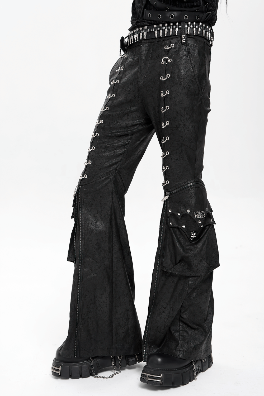 Gothic Lace Up Flared Pants with Metal Eyelet Details showcasing lace-up panels and zips for an edgy look.