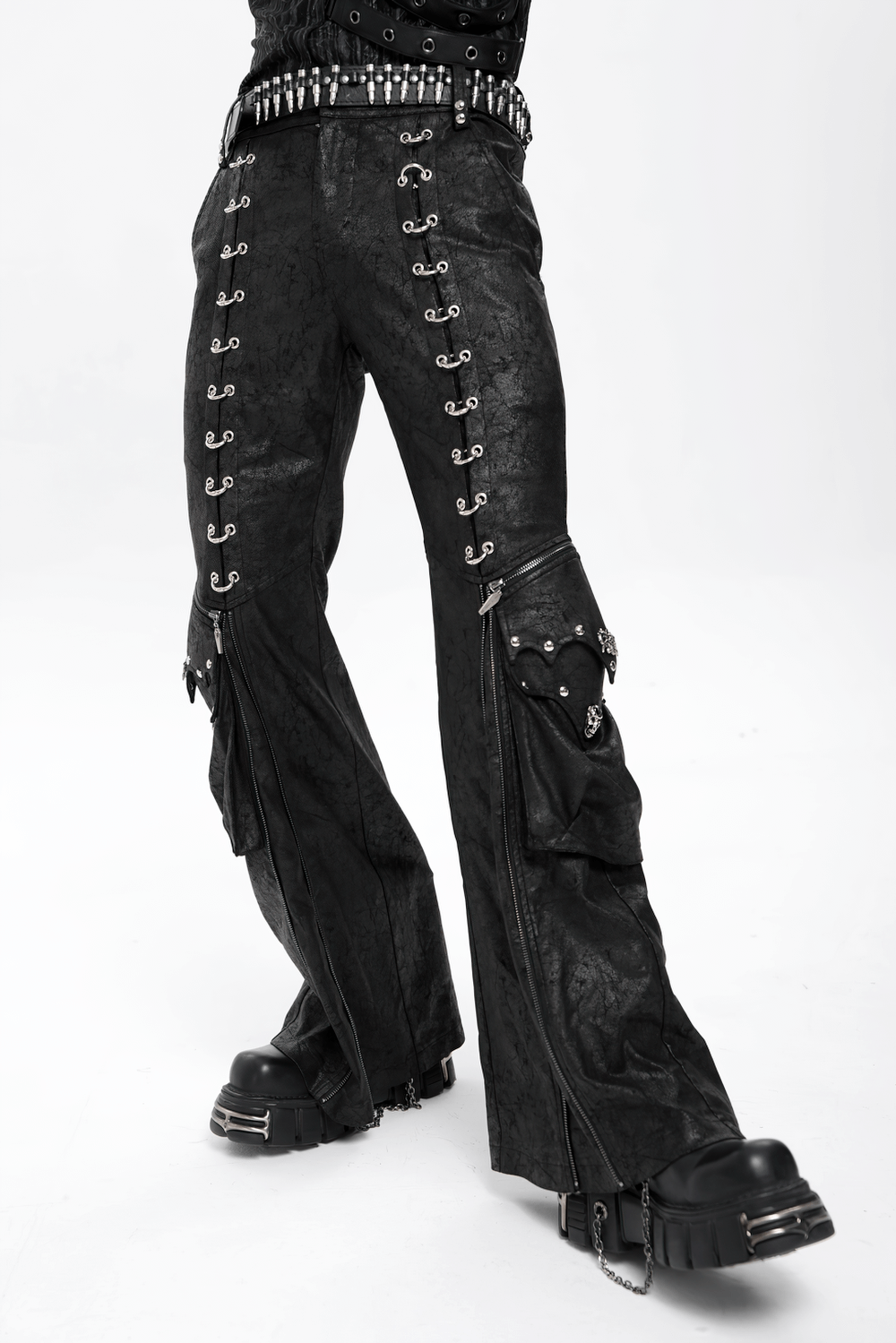 Gothic Lace Up Flared Pants with Metal Eyelet Details showcasing lace-up panels and dramatic zippers for a bold look.