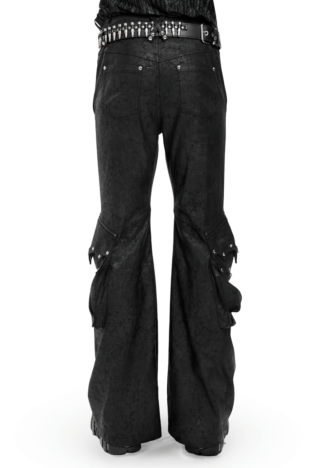 Gothic Lace Up Flared Pants with Metal Eyelet Details showcasing back view with flared legs and zippers.