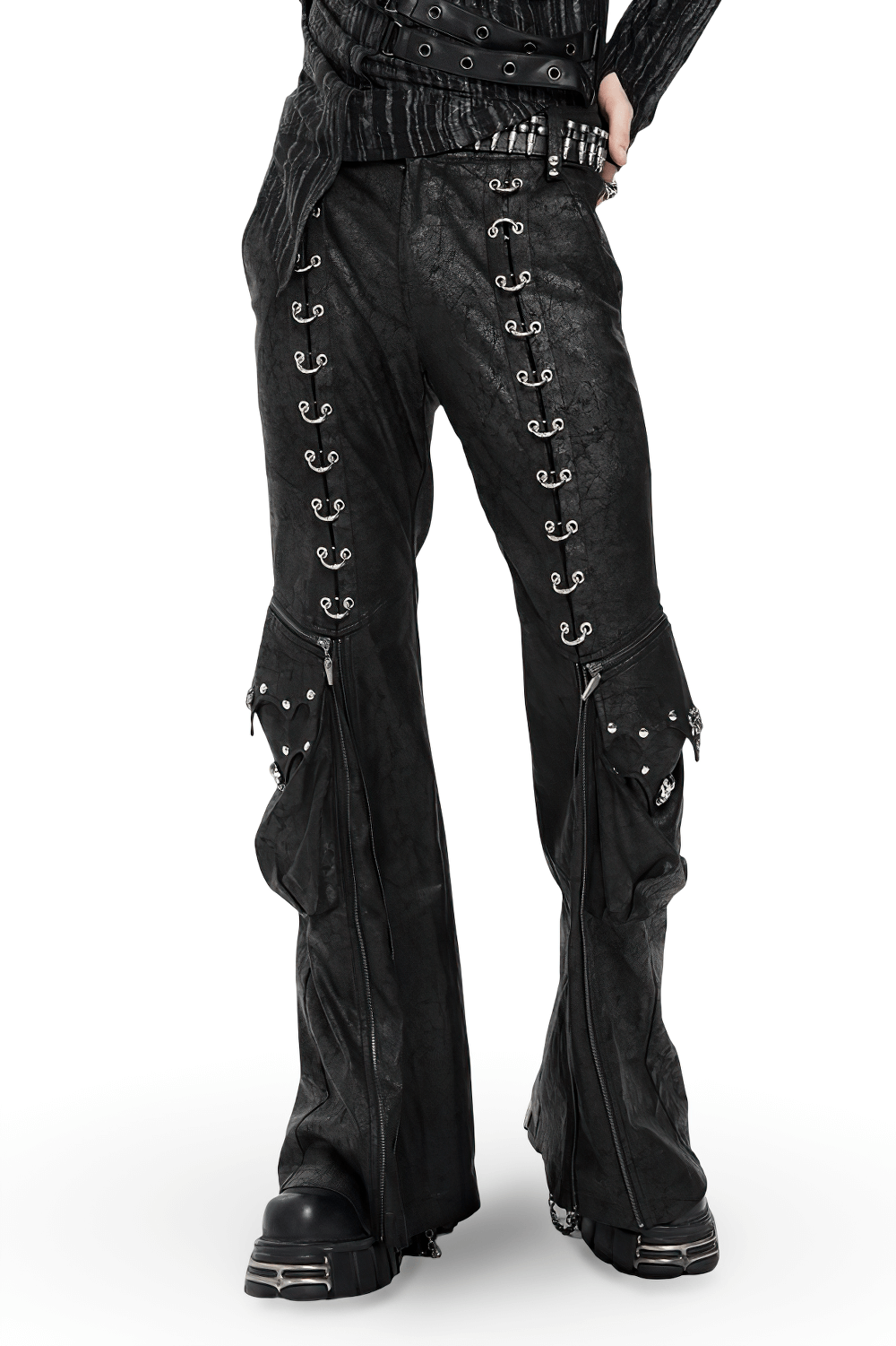 Gothic Lace Up Flared Pants with Metal Eyelet Details featuring lace-up panels and dramatic zip openings.