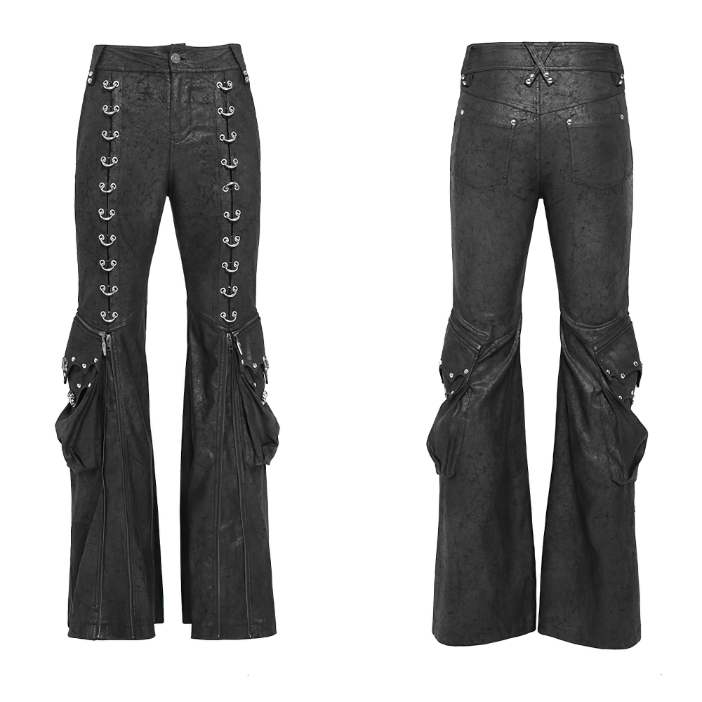 Gothic Lace Up Flared Pants with Metal Eyelet Details featuring dramatic zippers and textured panels.