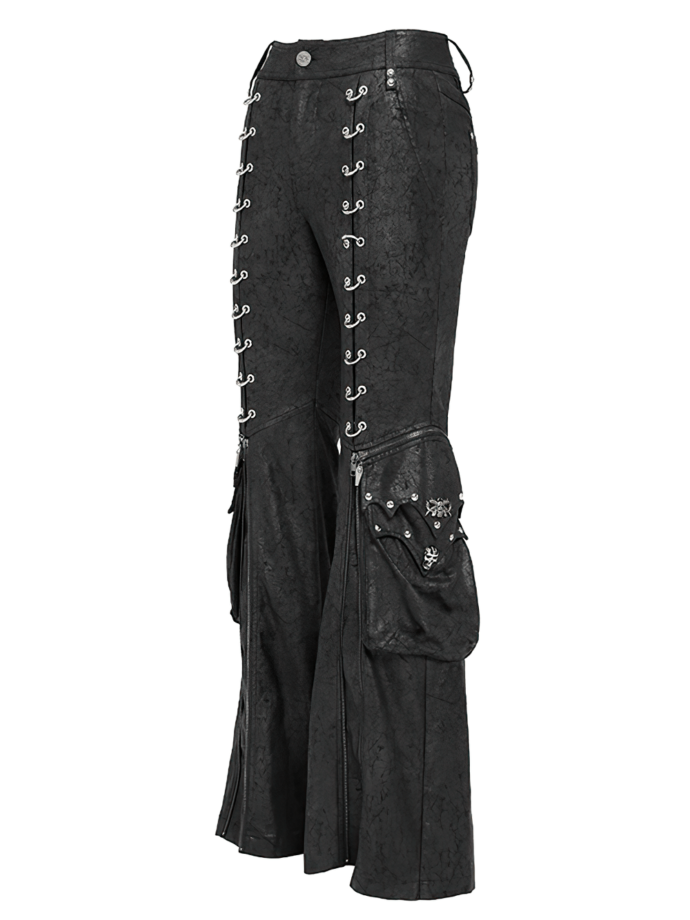 Gothic Lace Up Flared Pants with Metal Eyelet Details featuring lace-up panels and flared legs.