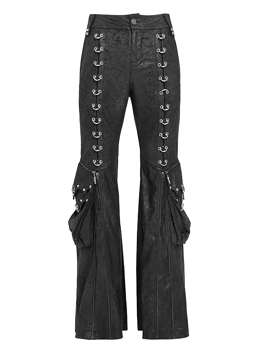 Gothic Lace Up Flared Pants with Metal Eyelet Details featuring dramatic zippers and studded pockets.