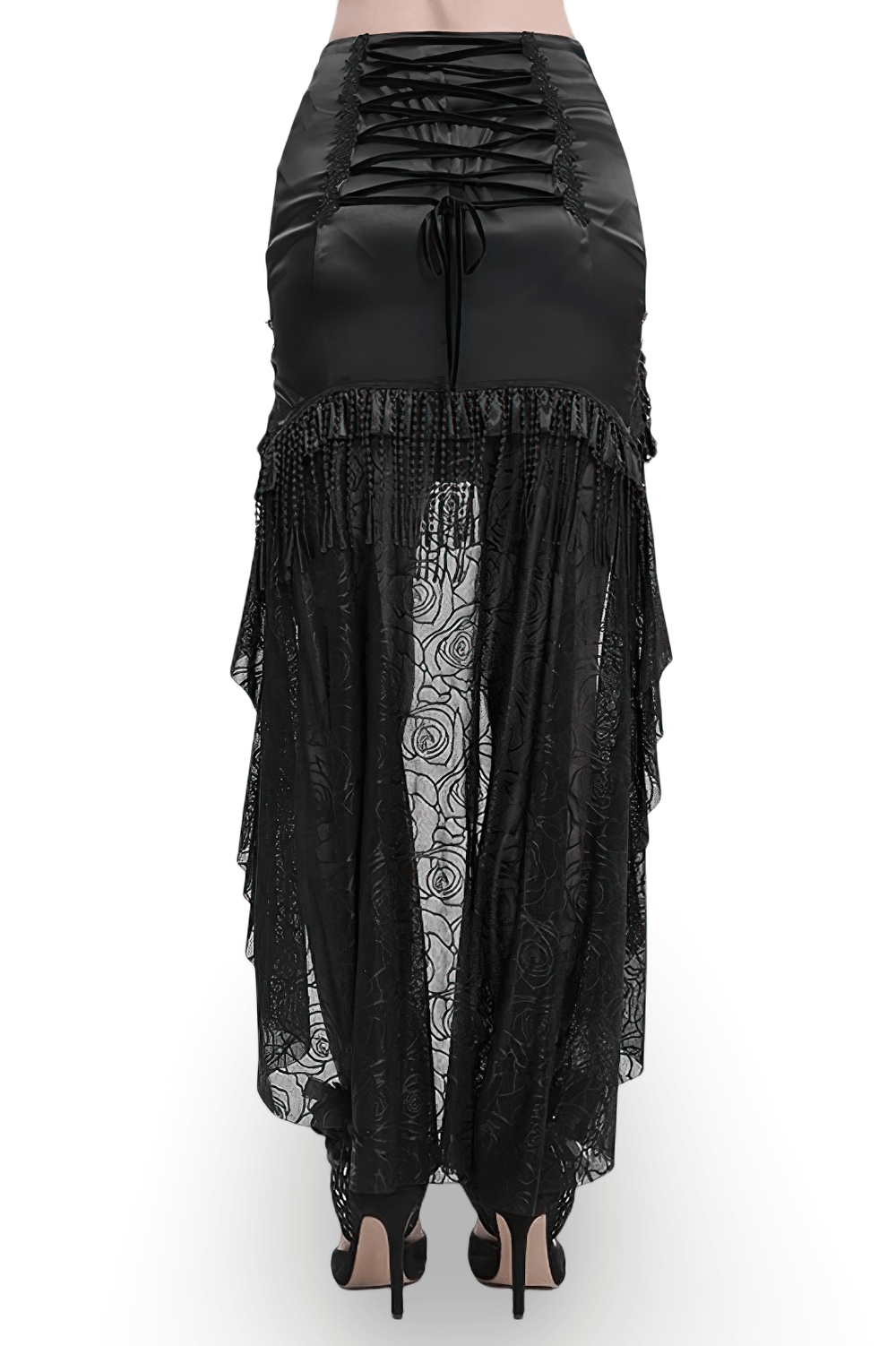 Gothic lace-up black skirt with fringe, bead accents, and floral embroidery for a dramatic flair.