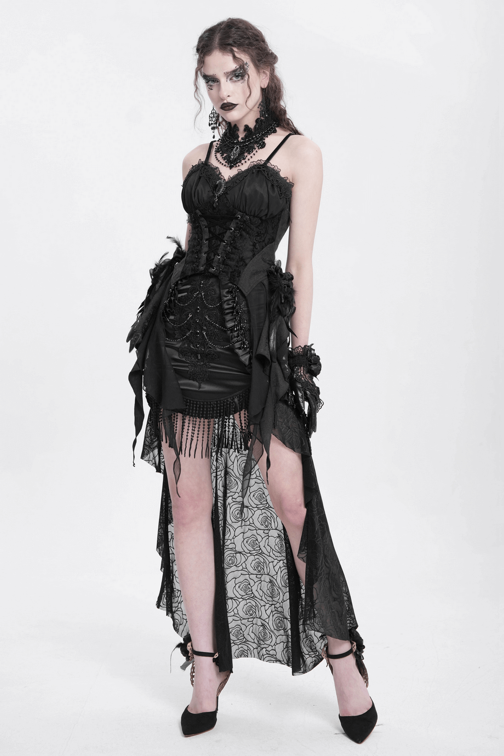 Gothic lace-up black dress with fringe, floral details, and dramatic high-low design for a stylish look.