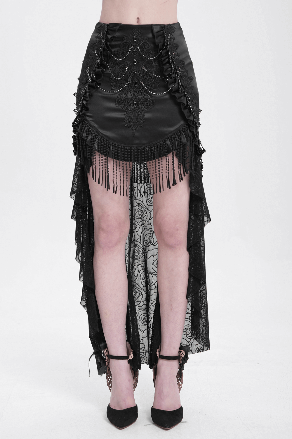 Gothic black lace-up fringe skirt with floral embroidery and bead details, showcasing dramatic high-low design.