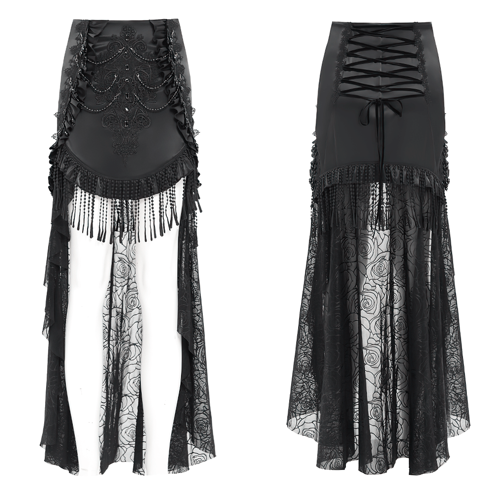 Gothic lace-up black skirt with fringe, floral embroidery, and bead accents for a dramatic, stylish look.